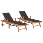 Lot de 2 transats chaise longue bain de soleil lit de jardin terrasse meuble d'extérieur avec coussin teck solide - Couleur au choix