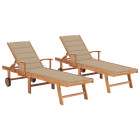 Lot de 2 transats chaise longue bain de soleil lit de jardin terrasse meuble d'extérieur avec coussin beige bois de teck solide helloshop26 02_0012026