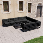 Salon de jardin 11 pcs avec coussins noir bois de pin massif