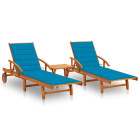 Lot de 2 transats chaise longue bain de soleil lit de jardin terrasse meuble d'extérieur avec table et coussins acacia solide helloshop26 02_0012101