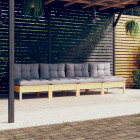 Canapé 4 places de jardin et coussins gris bois de pin solide