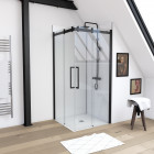 Paroi porte de douche type industriel ouverture d'angle profiles noir mat - 90x90x200 - verre trempé 8mm - railroad dark 90 square Aurlane - FAC361