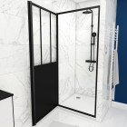 Pack paroi porte de douche pivotante 90x200cm et receveur - profile noir mat - verre 5mm + receveur