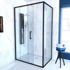 Paroi porte de douche coulissante + retour 100x90cm - profile noir mat - verre transparent 6mm