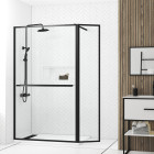 Paroi de douche avec volet pivotant 120+40x200cm - profilé, porte-serviette et étagère noir mat