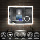 Aica miroir salle de bain 100x60cm 3 couleurs led réglable+antibuée(bluetooth haut-parleur,horloge,date,température)+grossissant