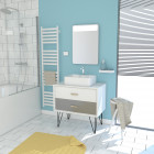 Meuble salle de bain scandinave blanc et gris 80 cm sur pieds avec tiroirs, vasque a poser et miroir led - nordik skuggning led 80