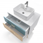 Meuble salle de bain scandinave blanc bleu et bois naturel 80 cm sur pieds avec tiroir, vasque a poser et miroir rond - nordik dubbel runt 80 Aurlane - LAV517