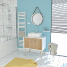 Meuble salle de bain scandinave blanc et bois 80 cm sur pieds avec portes, vasque a poser et miroir rond - nordik naturlig runt 80
