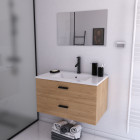 Meuble salle de bain 80 cm monté suspendu decor bois h46xl80xp45cm - avec tiroirs - vasque et miroir - box-in 80 wood