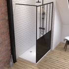 Pack paroi de douche 120x200 cm noir mat + receveur a poser rectangle blanc - finition pierre Aurlane - PACF065