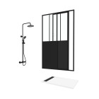 Pack porte coulissante noir mat + receveur blanc 120x80x204 cm et colonne de douche thermostatique Aurlane - PACF301
