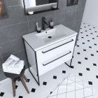 Meuble de salle de bain 80x50cm blanc - 2 tiroirs et vasque résine blanche - structure pieds et poignées noir mat - structura p010