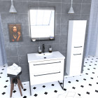 Pack meuble de salle de bain 80x50cm blanc - 2 tiroirs blanc - vasque blanche et miroir noir mat et colonne suspendu - structura p013