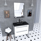 Pack meuble de salle de bain 80x50cm blanc - 2 tiroirs noir - vasque noir effet pierre et miroir noir mat - structura p018 Aurlane - PACM018