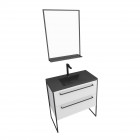 Pack meuble de salle de bain 80x50cm blanc - 2 tiroirs noir - vasque noir effet pierre et miroir noir mat - structura p018
