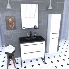Meuble de salle de bain 80x50 cm - 2 tiroirs blanc - vasque resine noir effet pierre + colonne Aurlane - PACM020