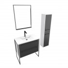 Pack meuble de salle de bain 80x50 noir - 2 tiroirs + vasque resine blanche + miroir + colonne Aurlane - PACM024