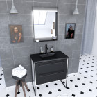 Meuble de salle de bain 80x50cm blanc - 2 tiroirs noir mat - vasque résine noire effet pierre et miroir led noir mat - structura p028