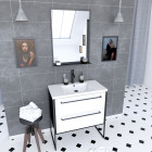 Pack meuble de salle de bain 80x50cm noir mat - 2 tiroirs blanc - vasque blanche et miroir noir mat - structura p045