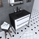 Meuble de salle de bain 80x50cm noir mat - 2 tiroirs blanc - vasque résine noire effet pierre - structura p049 Aurlane - PACM049