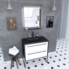 Pack meuble de salle de bain 80x50cm noir mat - 2 tiroirs blanc - vasque résine noire effet pierre et miroir led noir mat - structura p050
