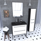 Pack meuble de salle de bain 80x50 cm - 2 tiroirs blanc - vasque noir - miroir - colonne suspendu Aurlane - PACM053