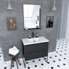 Pack meuble de salle de bain 80x50cm noir mat - 2 tiroirs noir mat - vasque blanche et miroir noir mate - structura p056