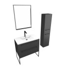 Meuble salle de bains 80 cm, vasque blanche, miroir led et colonne - noir - structura Aurlane - PACM057