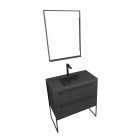 Meuble de salle de bain 80x50cm noir mat - 2 tiroirs noir mat - vasque résine noire effet pierre et miroir led noir mat - structura p061 Aurlane - PACM061