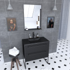 Meuble de salle de bain 80x50cm noir mat - 2 tiroirs noir mat - vasque résine noire effet pierre et miroir noir mat - structura p062