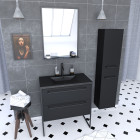 Pack meuble de salle de bain 80x50 cm noir - 2 tiroirs - vasque noire - miroir - colonne suspendu Aurlane - PACM064
