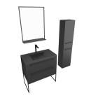Pack meuble de salle de bain 80x50 cm noir - 2 tiroirs - vasque noire - miroir - colonne suspendu Aurlane - PACM064