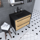 Meuble de salle de bain 80x50cm noir mat - 2 tiroirs chêne brun - vasque résine noire effet pierre - structura p071 Aurlane - PACM071