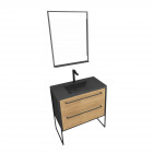 Pack meuble de salle de bain 80x50cm noir mat - 2 tiroirs chêne brun - vasque noir effet pierre et miroir led noir mat - structura p072