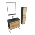 Ensemble meuble de salle de bain blanc 80cm + vasque noir effet pierre + miroir + colonne rangement Aurlane - PACM075