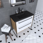 Meuble de salle de bain 80x50cm - vasque noir effet pierre 80x50cm - 2 tiroirs Aurlane - PACM082