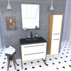 Meuble de salle de bain 80x50cm - vasque noir effet pierre 80x50cm - 2 tiroirs - colonne - miroir Aurlane - PACM086