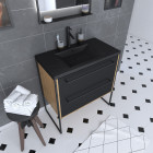Meuble de salle de bain 80x50cm chêne brun - 2 tiroirs noir mat - vasque résine noire effet pierre - structura p093