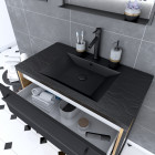 Meuble de salle de bain 80x50cm chêne brun - 2 tiroirs noir mat - vasque résine noire effet pierre et miroir led noir mat - structura p094