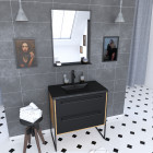 Meuble de salle de bain 80x50cm chêne brun - 2 tiroirs noir mat - vasque résine noire effet pierre et miroir noir mat - structura p095