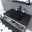 Meuble de salle de bain 80x50cm chêne brun - 2 tiroirs noir mat - vasque résine noire effet pierre et miroir noir mat - structura p095 Aurlane - PACM095