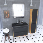 Meuble de salle de bain 80x50cm - vasque noir effet pierre -tiroirs noir mat + colonne + mirroir led Aurlane - PACM096