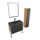 Meuble de salle de bain 80x50cm - vasque noir effet pierre -tiroirs noir mat + colonne + mirroir led Aurlane - PACM096