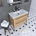 Meuble de salle de bain 80x50cm - vasque blanche 80x50cm - 2 tiroirs finition chêne naturel Aurlane - PACM098