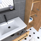 Meuble de salle de bain 80x50cm - vasque blanche - tiroirs finition chêne naturel + colonne + miroir Aurlane - PACM101