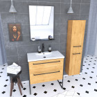 Meuble de salle de bain 80x50cm - vasque blanche - tiroirs finition chêne naturel + colonne + miroir