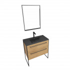 Pack meuble de salle de bain 80x50cm chêne brun - 2 tiroirs chêne brun- vasque résine noire effet pierre et miroir led noir mat - structura p105 Aurlane - PACM105