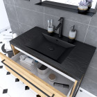 Pack meuble de salle de bain 80x50cm chêne brun - 2 tiroirs chêne brun - vasque résine noire effet pierre et miroir noir mat - structura p106 Aurlane - PACM106