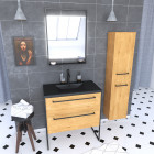 Pack meuble de salle de bain 80x50cm chêne brun - 2 tiroirs chêne brun - vasque résine noire effet pierre - miroir led noir mat et colonne chêne brun - structura p107